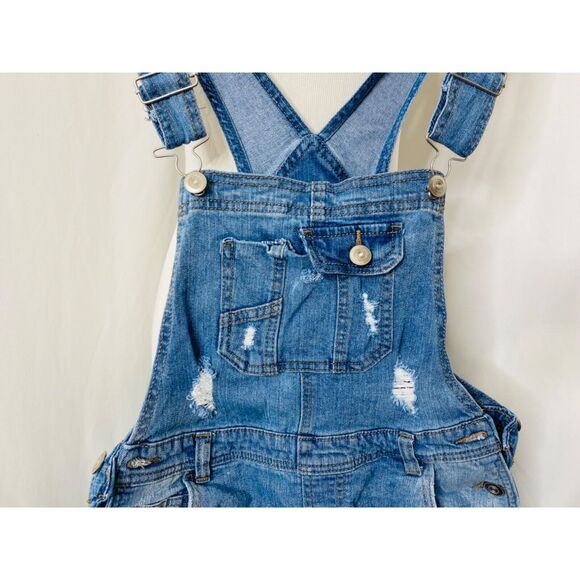 Rue21 Women's Denim Overall Cut Off Shorts Blue Distressed Size 2 - Picture 3 of 9
